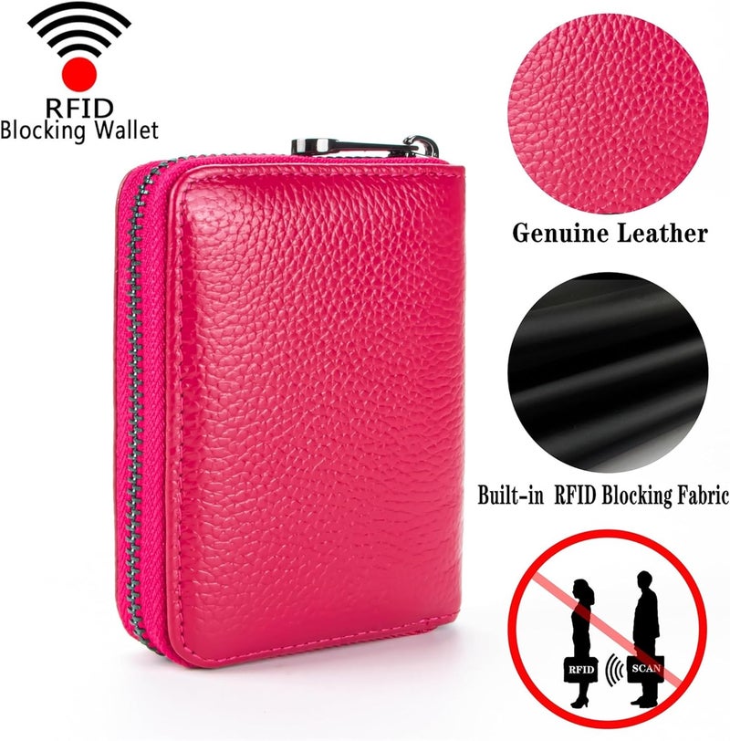 Suweibuke Genuine Leather Credit Card Holder Zipper Wallet RFID Blocking Secure Card Case ID Case Organizer (Rose Red) - Image 4